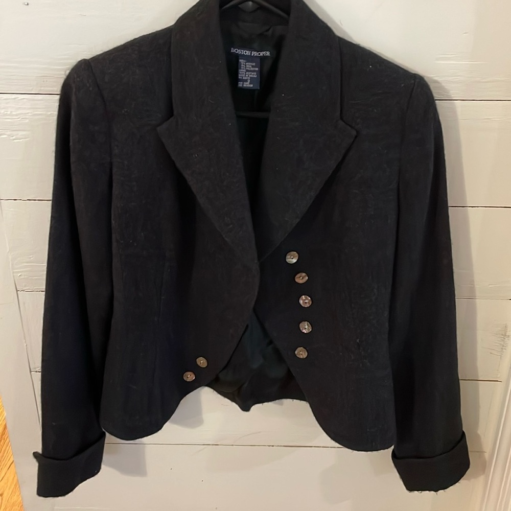 Boston Proper Charcoal Wool-Blend Fully Lined Blazer w/ Oyster Shell Buttons, 2